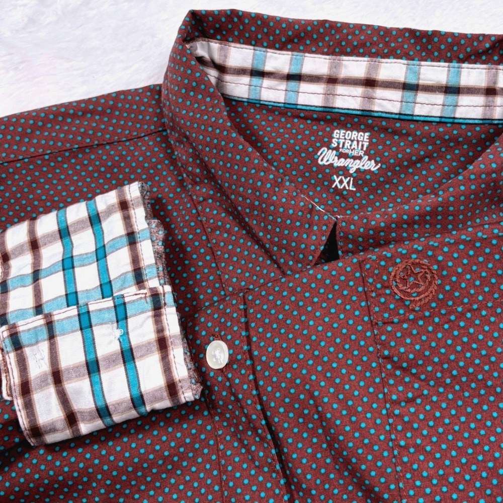 Wrangler George Strait Shirt Womens XXL Maroonish Brown Blue Geometric Flip Cuff